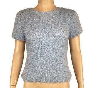 Zara Top Size Medium Fuzzy Light Blue Short‎ Sleeve Sweater Faux Fur Knit